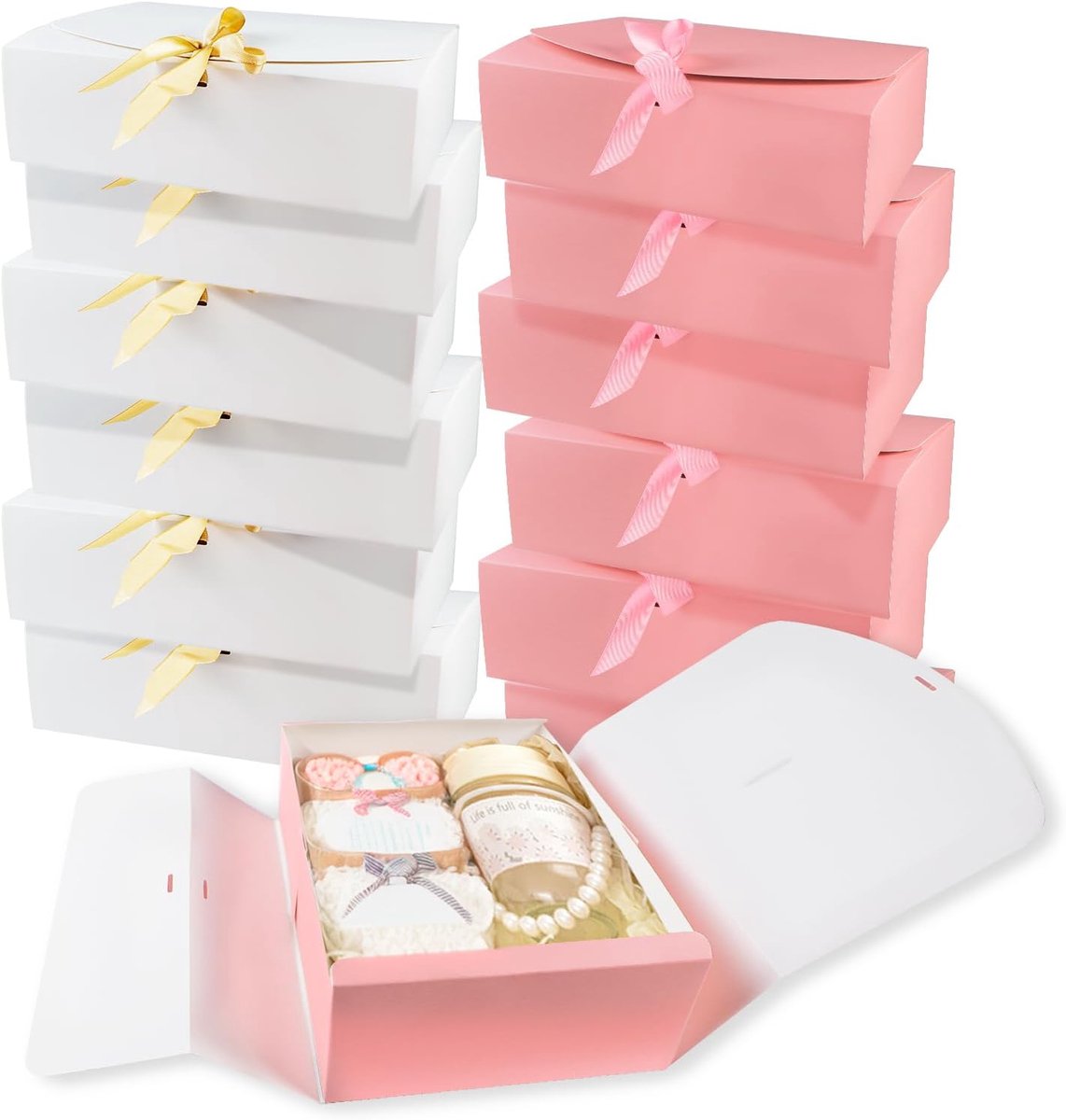 SnelShoppen - 12 Stuks Cadeaubox met Deksel - 27x20x8 cm - Wit/Roze Kraft Papieren Giftboxen met Strik voor Verjaardag, Bruiloft, Kerst en Feesten