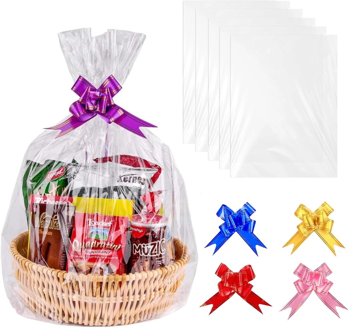 SnelShoppen - 5 Stuks Geschenkfolie 75 x 100 cm - Transparante Cadeaufolie - Doorzichtig Cellofaanpapier - Met 5 Strikken - Perfect voor Geschenkmande