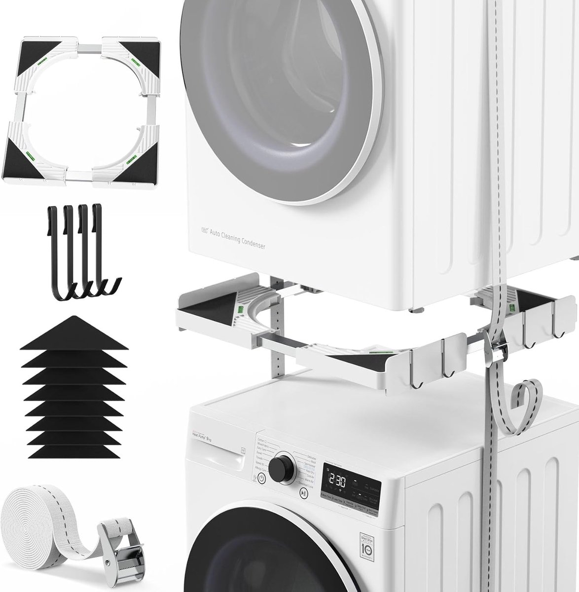 SnelShoppen - Ultra-dunne universele stapelset voor wasmachine en droger, diepteverstelling 45-68 cm, zwart ratelkoord + 4 haken, TÜV-gecertificeerde
