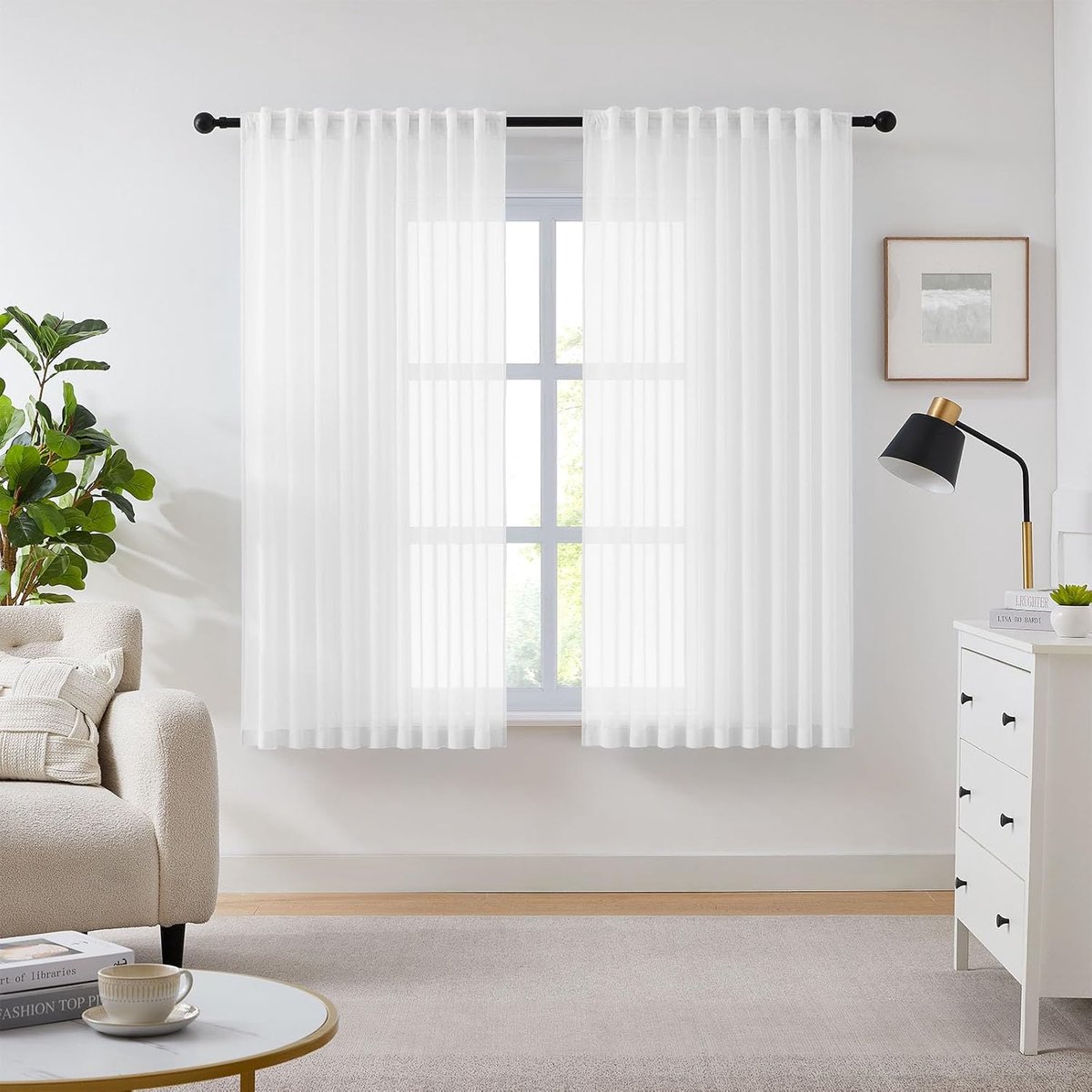 SnelShoppen - Melodieux Gordijnen voor Woonkamer, Wit, Chiffon, 225 x 137 cm, Set van 2, Lichtgewicht, Minimalistisch Design, Decoratief voor Huiskame