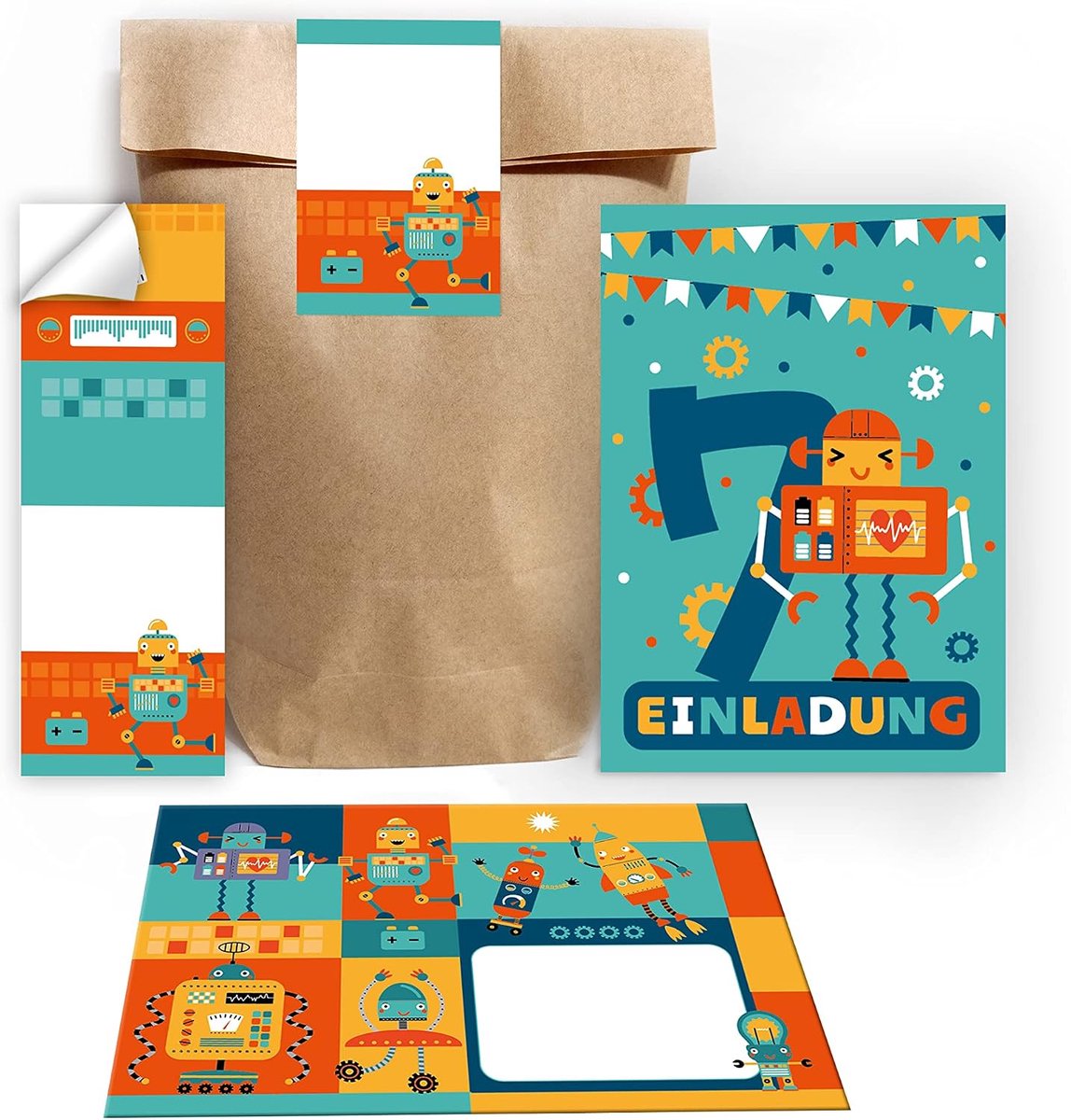 SnelShoppen - 12 Uitnodigingskaarten 7e Verjaardag Jongens Robot Inclusief 12 Enveloppen, 12 Cadeauzakjes, 12 Stickers - Leuk voor Kinderfeestje