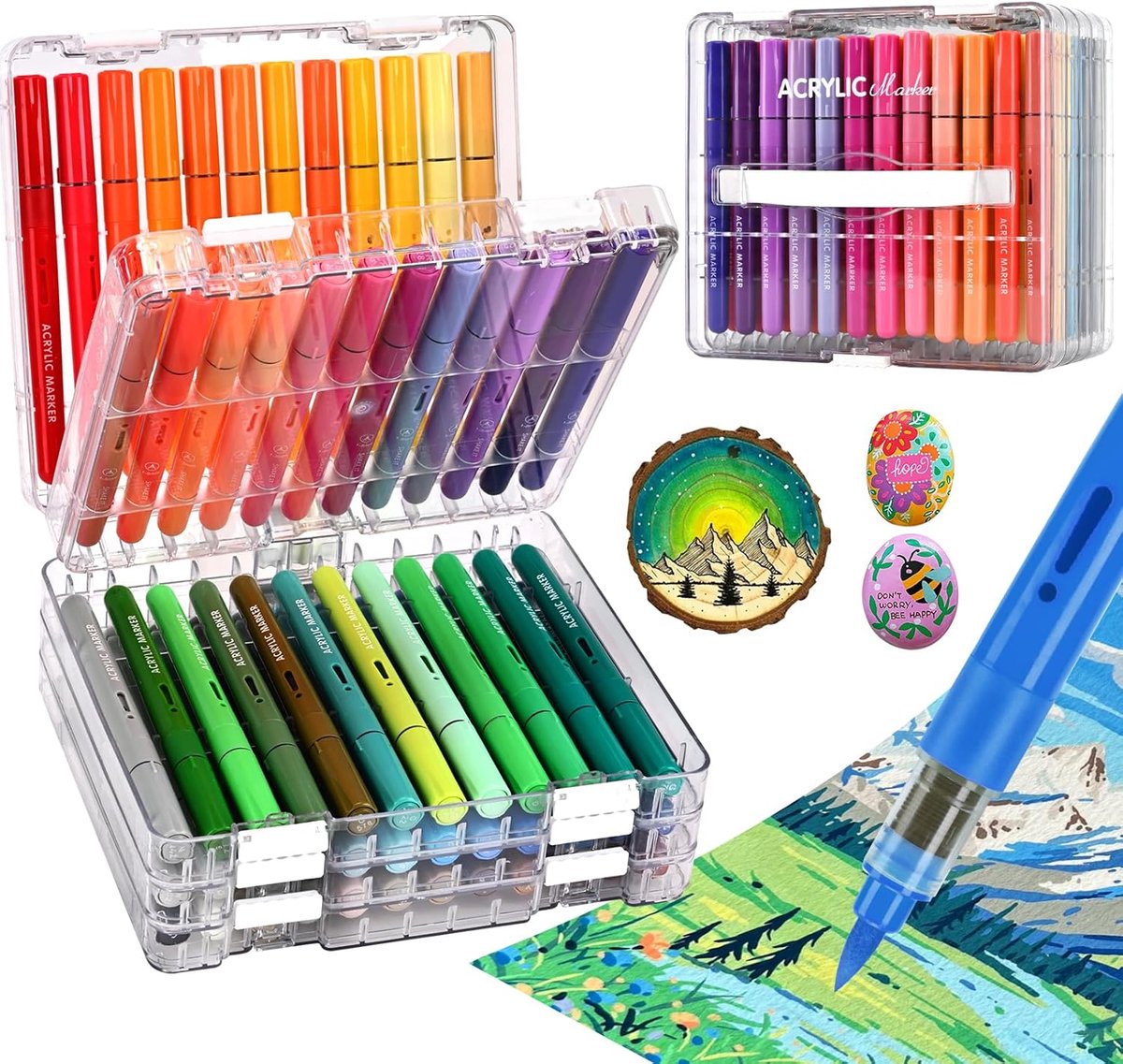 SnelShoppen - 60 Acrylstiften voor Stenen en Hout - Waterdichte Acrylmarkers met Penseelpunt - 1-8 mm Inkt voor Creatief Schilderen op Canvas, Keramie