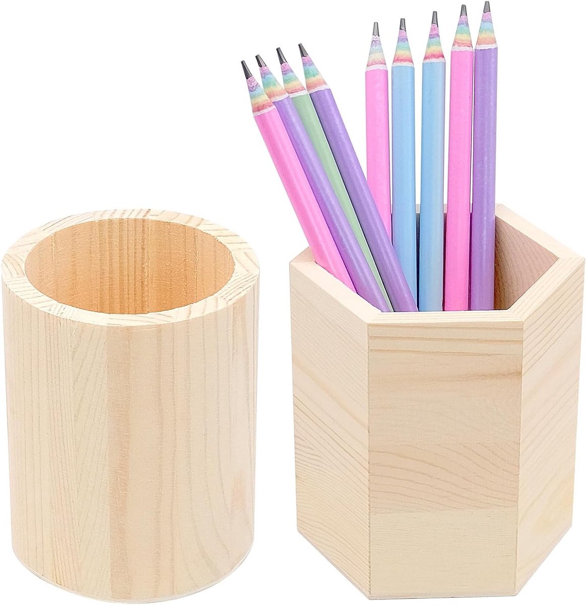 Houten Pennenhouder Set van 2, Ronde en Hexagonale Ontwerpen voor Kantoor, School en DIY Geschenken