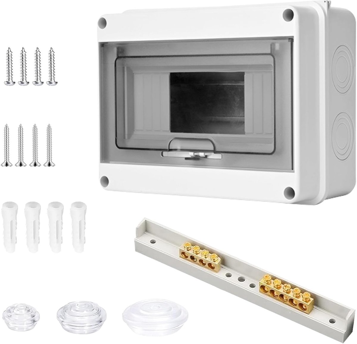 SnelShoppen - Waterproof junction box, IP65 stof- en waterdichte aansluitdoos, 8-voudige verdeelkast met stalen montagerail, buitengebruik, ABS + PC