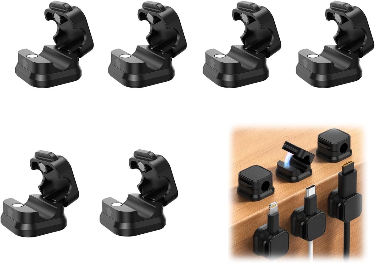 SnelShoppen - 6 Stuks Zwarte Magnetische Kabelhouders Organizer voor Kabelmanagement USB HDMI Audio Kabels, Perfect voor Bed, Bureau en Thuisgebruik