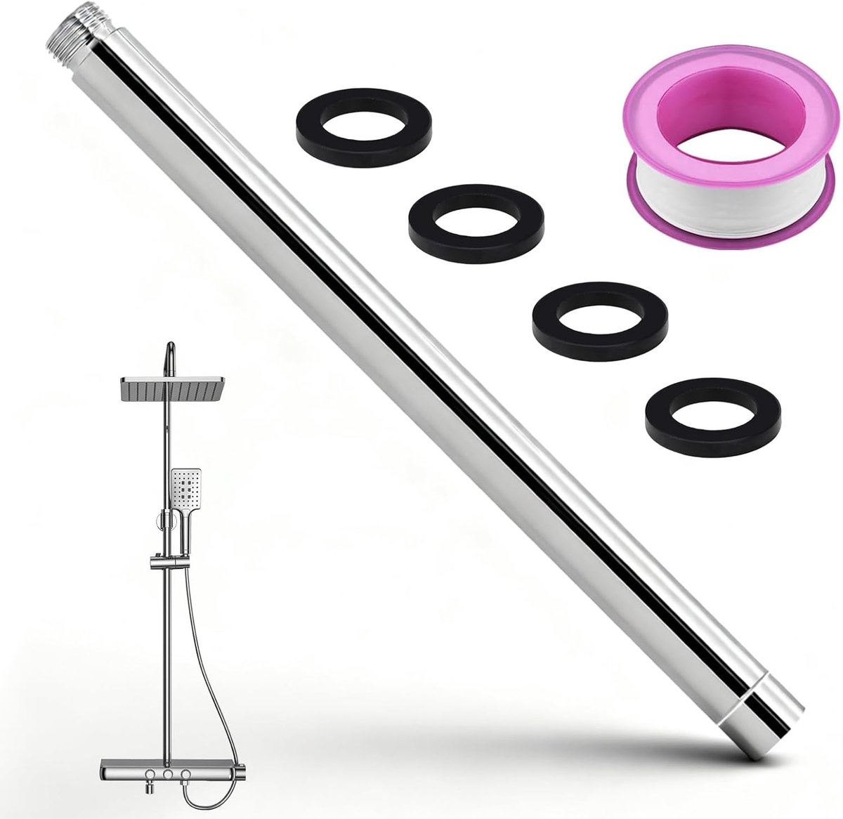 SnelShoppen - Shower Extension Tube 30 cm - Hoogwaardige RVS Doucheverlenging - Verstelbare Douchearm - Chroom - Geschikt voor Badkamer Accessoires