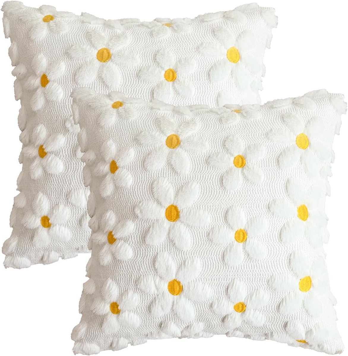SnelShoppen - Set van 2 Crème Witte Zachte Pluche Faux Fur Daisy Kussenhoezen 45x45 cm Decoratieve Kussens voor Bank en Woonkamer