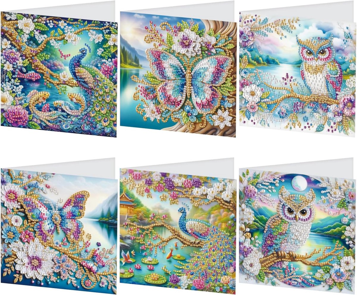 SnelShoppen - Set van 6 Diamond Painting Wenskaarten - Vlinder, Pauw & Uilen - Creatieve Embroidery Kaarten voor Verjaardag, Bedankjes, Feestdagen, Di