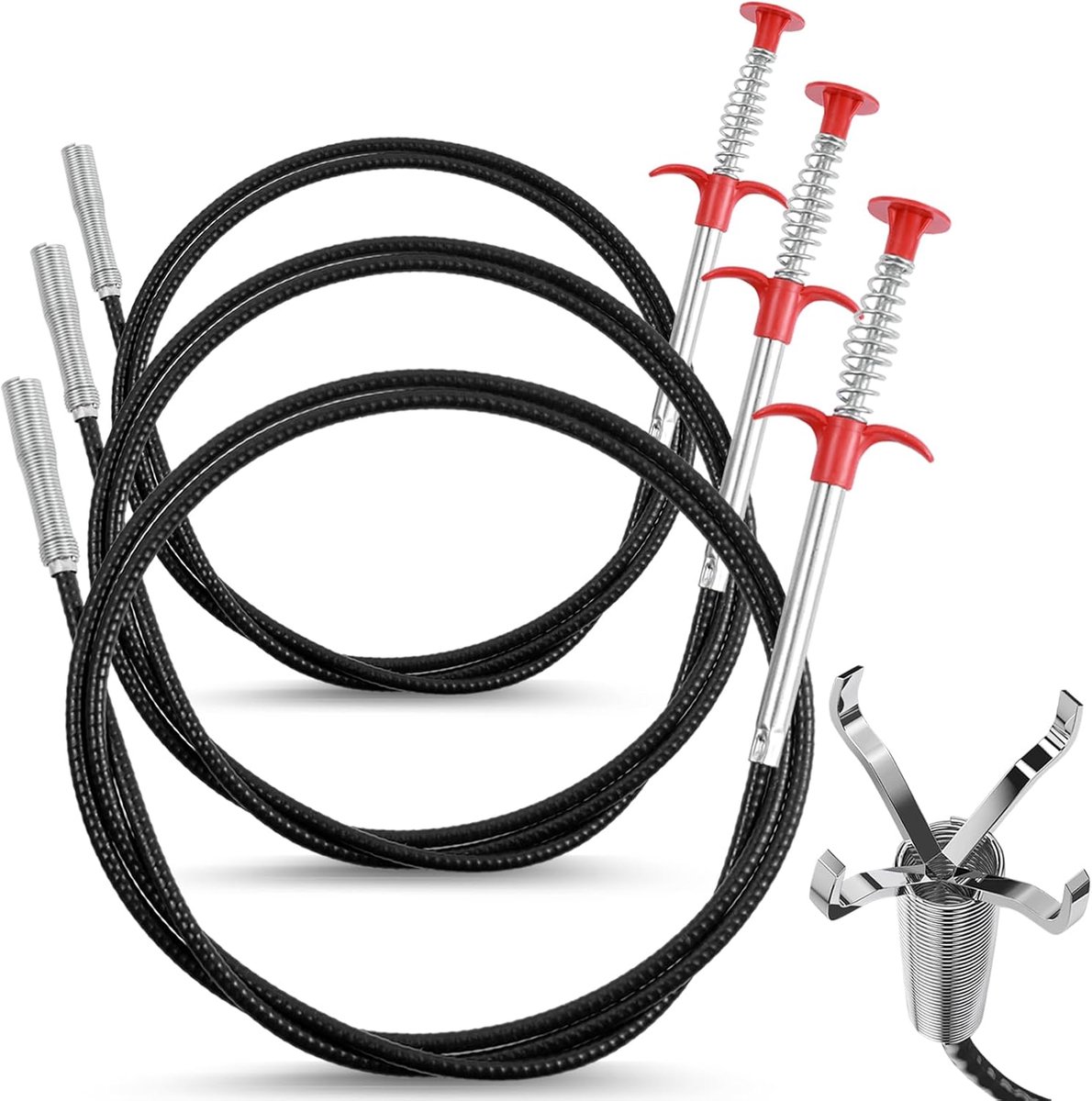 SnelShoppen - 3pcs Afvoerreiniger Spiral Set 2m/0.9m/0.6m, Flexibele Klauwhandgreep, Buizenreinigingsspiral voor Keuken en Badkamer