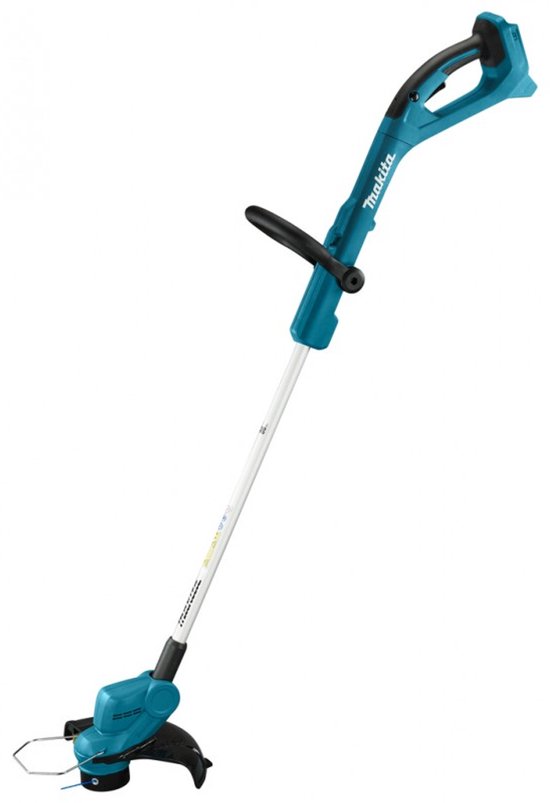 Turquoise Makita grastrimmer met wit handvat en een zwarte handgreep.