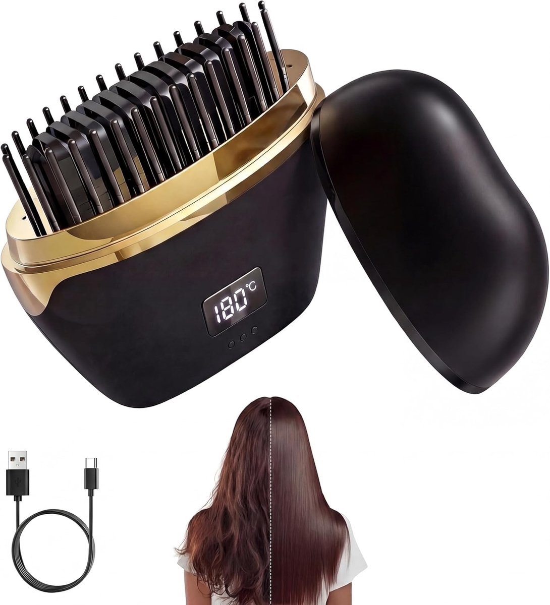 SnelShoppen - Draadloze Mini Haarstylers, 2 in 1 Mini Haarstraightener, USB Oplaadbare Portable Haarstijlborstel met 3 Temperatuurinstellingen, Zwart