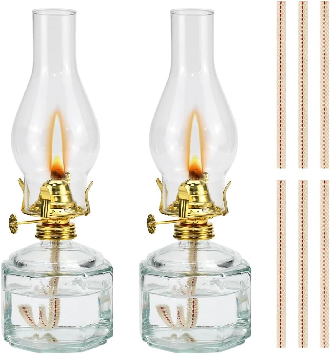 SnelShoppen - 2 Stuks Petroleum Lichten voor Binnen, Vintage Olielamp van Transparant Glas, Winddichte Olielampen met 6 Verstelbare Lont van 18cm voor