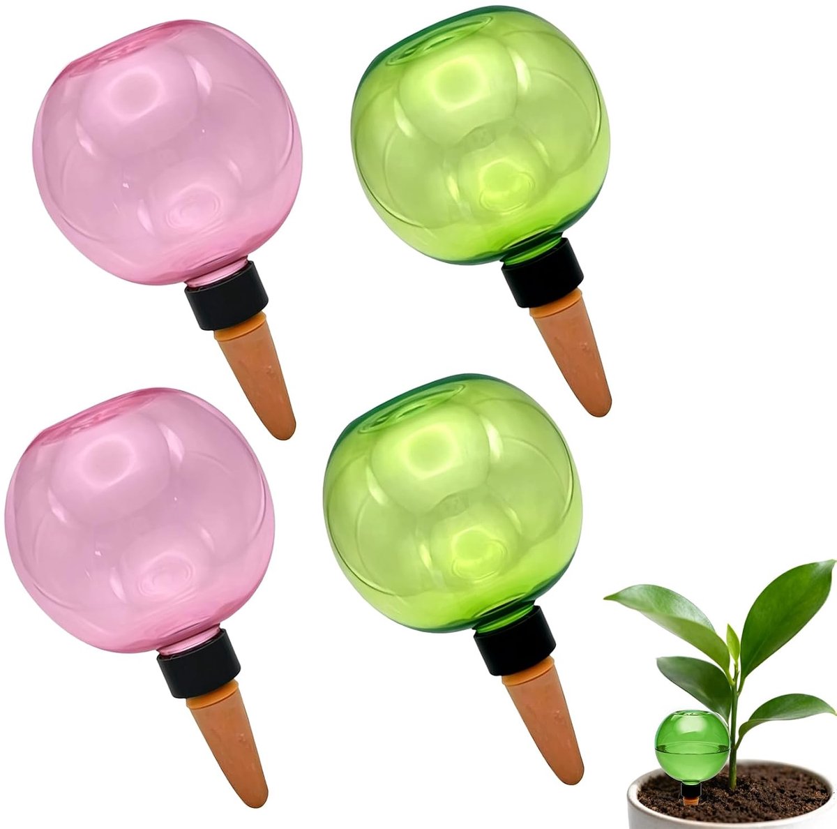 SnelShoppen - 4 Stuks Bewateringsbollen voor Planten, 500 ml Automatische Waterdispenser, Zelfbewatering voor Kamerplanten, Tuin en Balkon, Roze/Groen