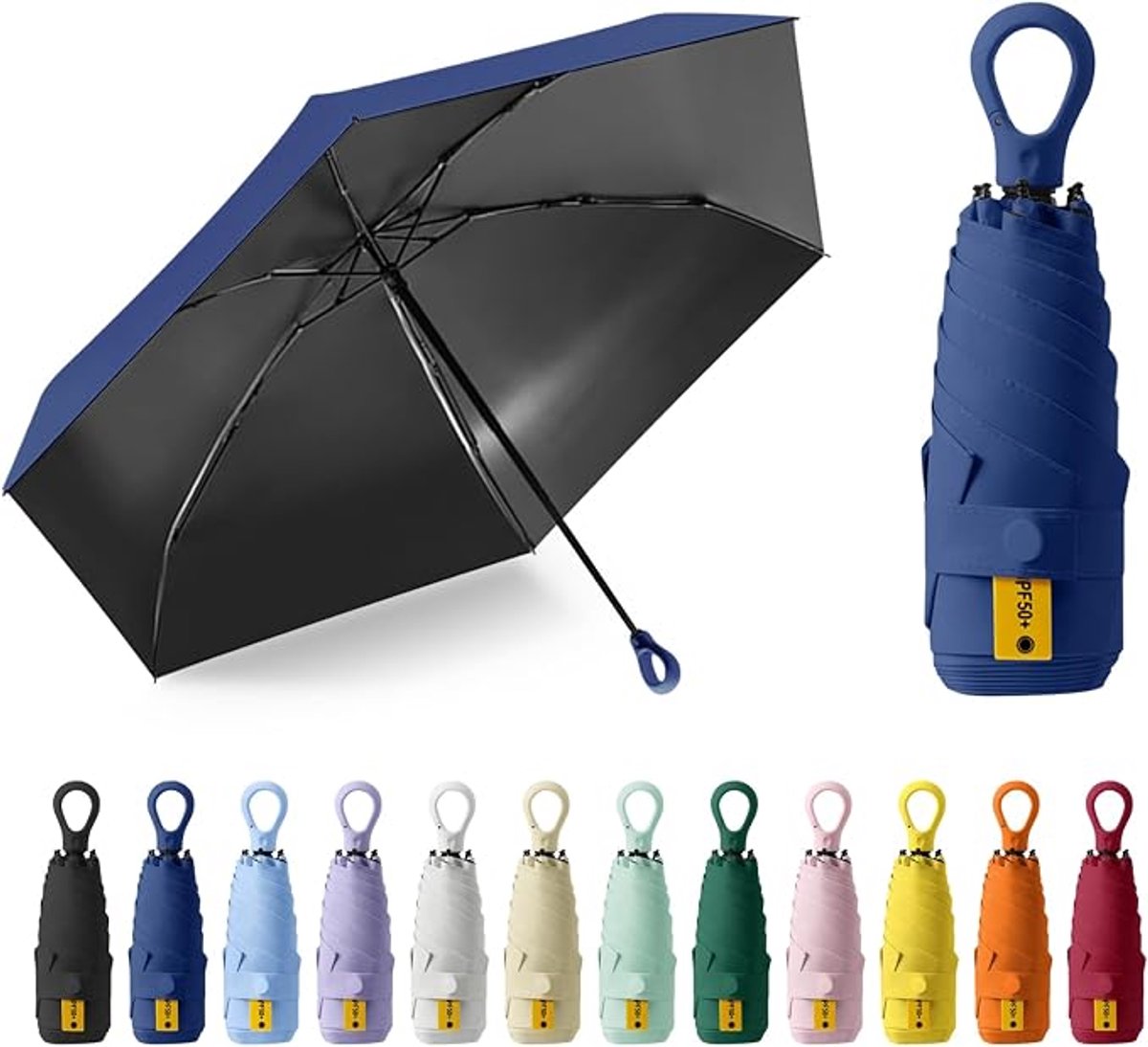 Zonneparaplu, zakparaplu, UPF50+, mini-paraplu met 6 baleinen, ringhandvat en opbergdoosje, geschikt voor zonnige en regenachtige dagen - marineblauw.