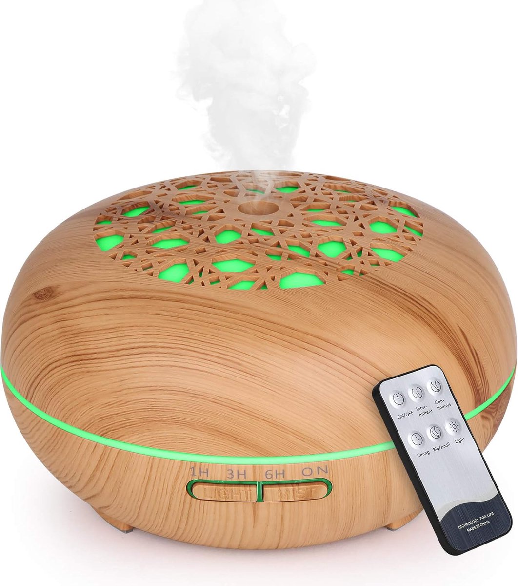 SnelShoppen - Aroma Diffuser en Luchtbevochtiger 550 ml met Afstandsbediening, Ultrageluid Mist, Geur Lamp met 7 Kleuren LED, Waterloze Auto Shut Off,