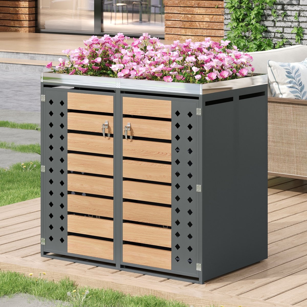FloraGrace Containerberging – 132 x 80 x 124,58 cm – Afsluitbaar Met Plantenbak – Metaal – Grijs En Houtlook – Voor 2 Containers