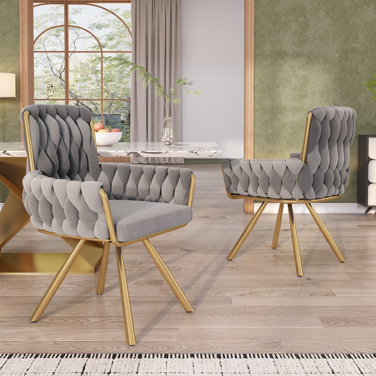 Fluwelen eetkamerstoel - Set Van 2 - Stoel, Eettafelstoel, Stoelenset, Fauteuil, Draaistoel, Relaxstoel met 4 metalen steunpoten - Grijs