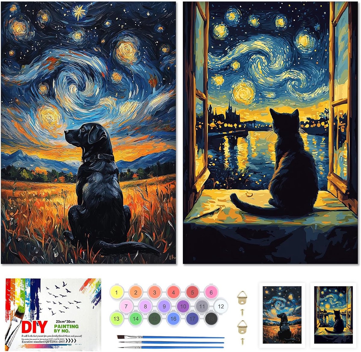 SnelShoppen - Schilderen op Nummer Set voor Volwassenen, 2 Stuks, 20x30 cm, Sterrenhemel Hond en Kat, Acryl Schilderen voor Beginners, Creatieve Activ