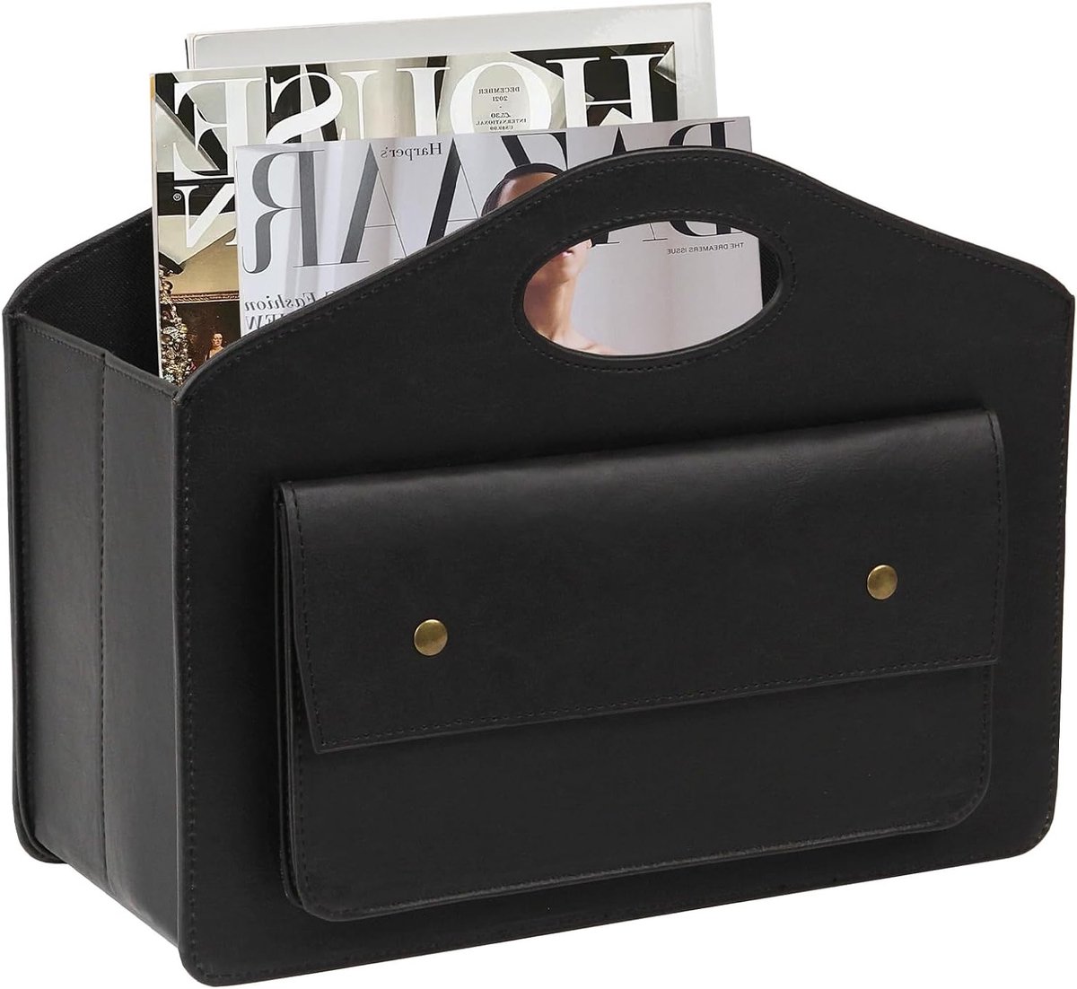 Lederen tijdschriftenhouder en krantenrek met handvat, opvouwbare opslagmand met voorvak, multifunctionele organizer in zwart, 33.8 x 28.5 x 18 cm, ideaal voor woonkamer en kantoor.