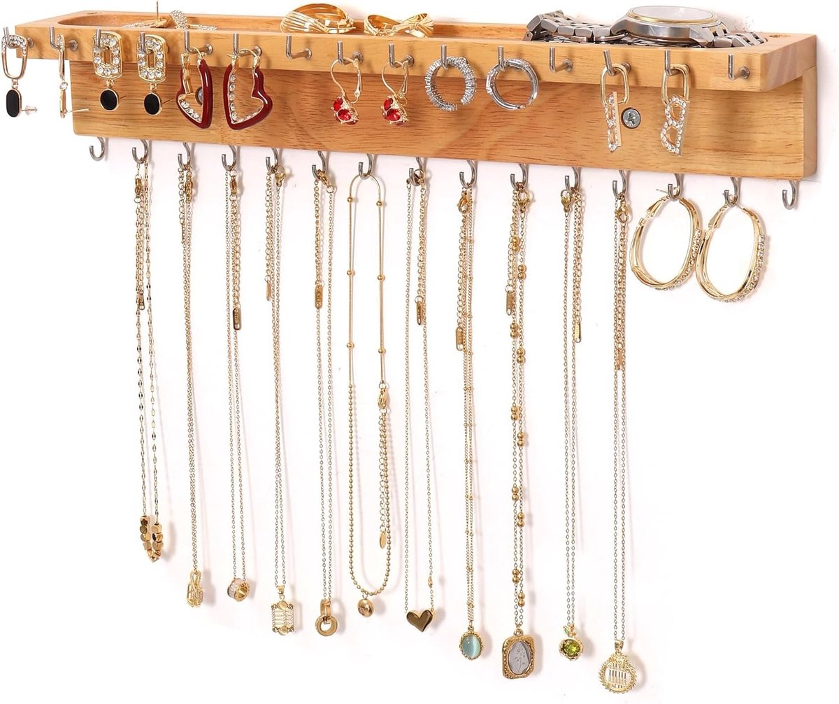 Muurbeugel voor Sieraden met 30 Haken - Houten Organiser voor Kettingen, Armbanden en Ringen - Ruimtebesparende Sieradenopslag