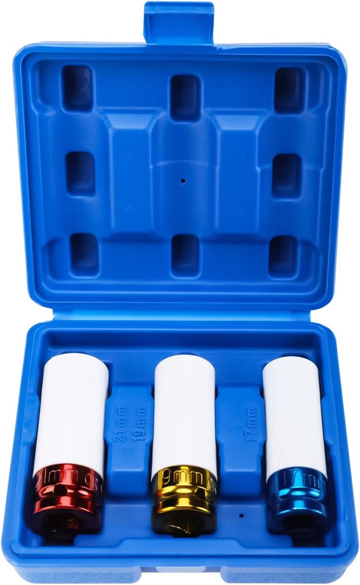SnelShoppen - 3-delige Wielmoersleutelset 1/2 Inch Aandrijving, Impact Socket Set 17mm, 19mm, 21mm, Dunwandige Alloy, Beschermende Huls voor Auto Wiel