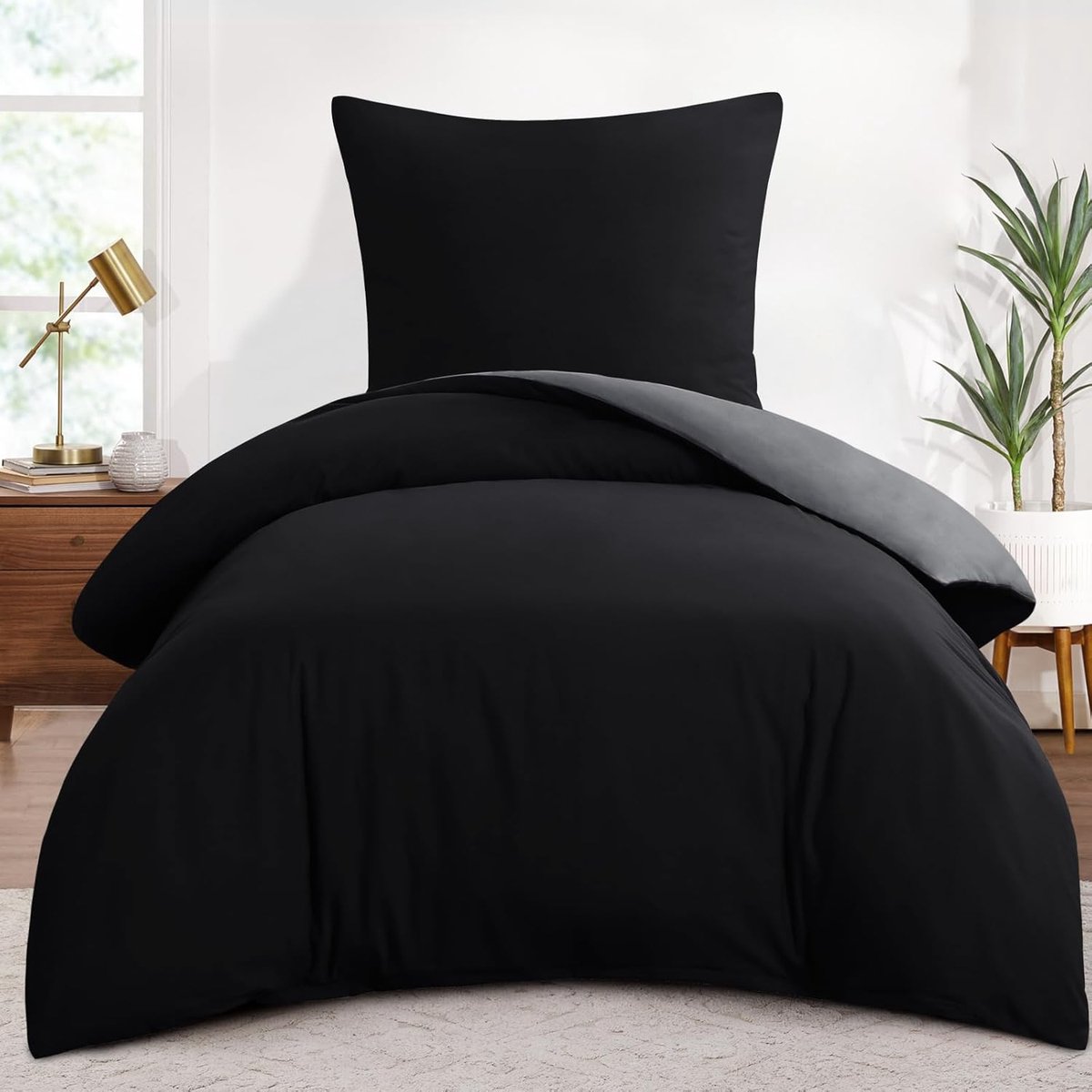 SnelShoppen - Bedlinnen Set 140 x 200 cm - 2-delig - Zwart Grijs - Duvet Cover + Kussensloop - Oeko-Tex Goedgekeurd - Omkeerbaar - Zachte Microvezel m