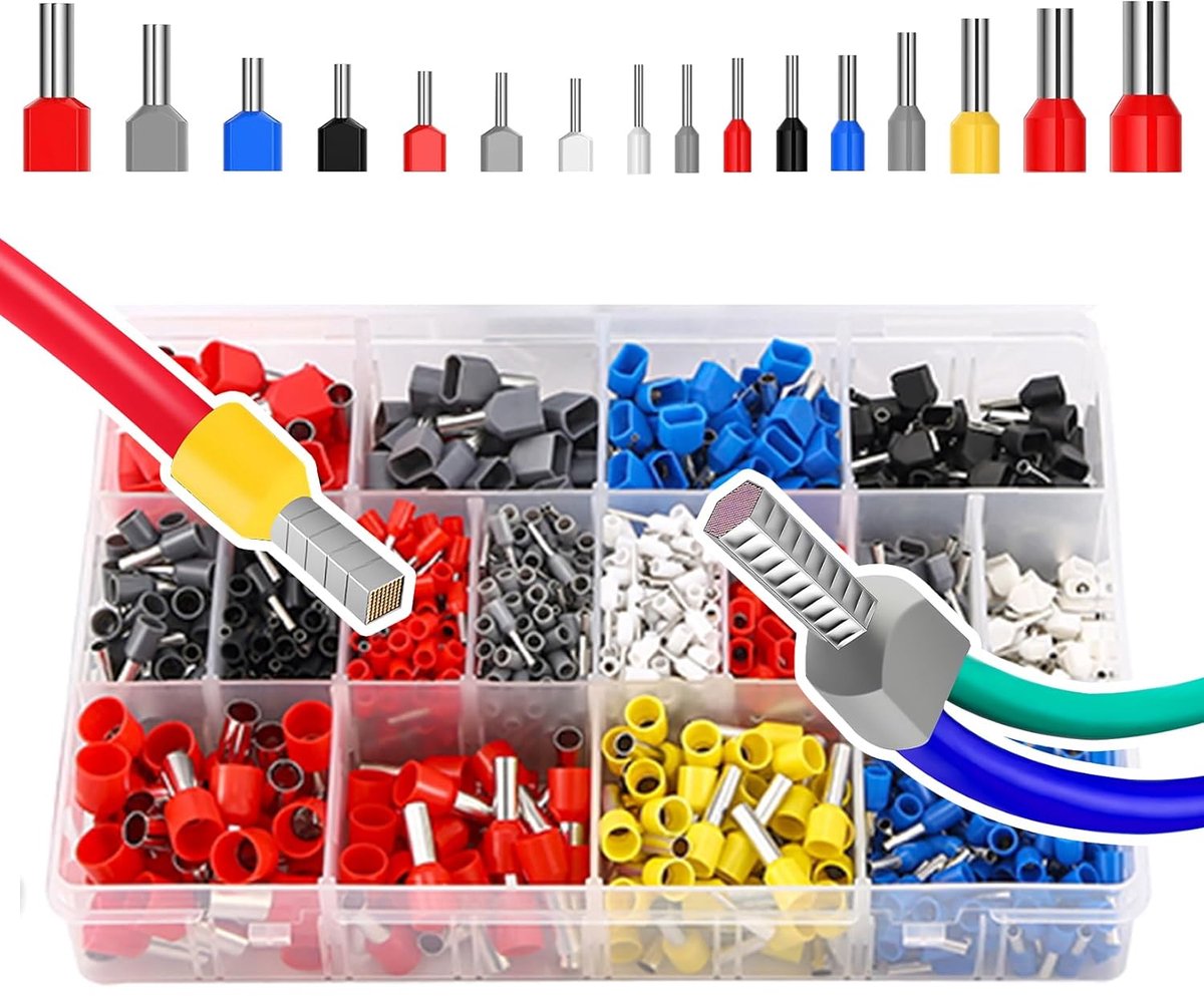 SnelShoppen - 1200pcs Elektrische Lugs, Kabel Lugs 0,5 mm² - 16 mm², Dubbele Eind Ferrules, Enkele Set, Tinned Copper, Veiligheid, Klusmateriaal, Prof