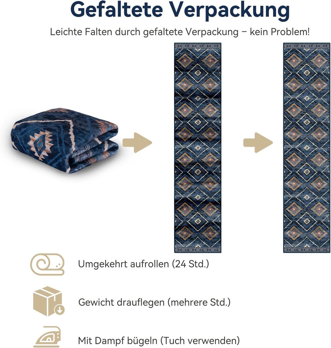 SnelShoppen - Carpet Runner Hallway 60 x 300 cm, Donkerblauw, Antislip Keukenloper, Korte Velours Loper, Wasbaar, Vouwbaar, Boho Design voor Gang, Keu