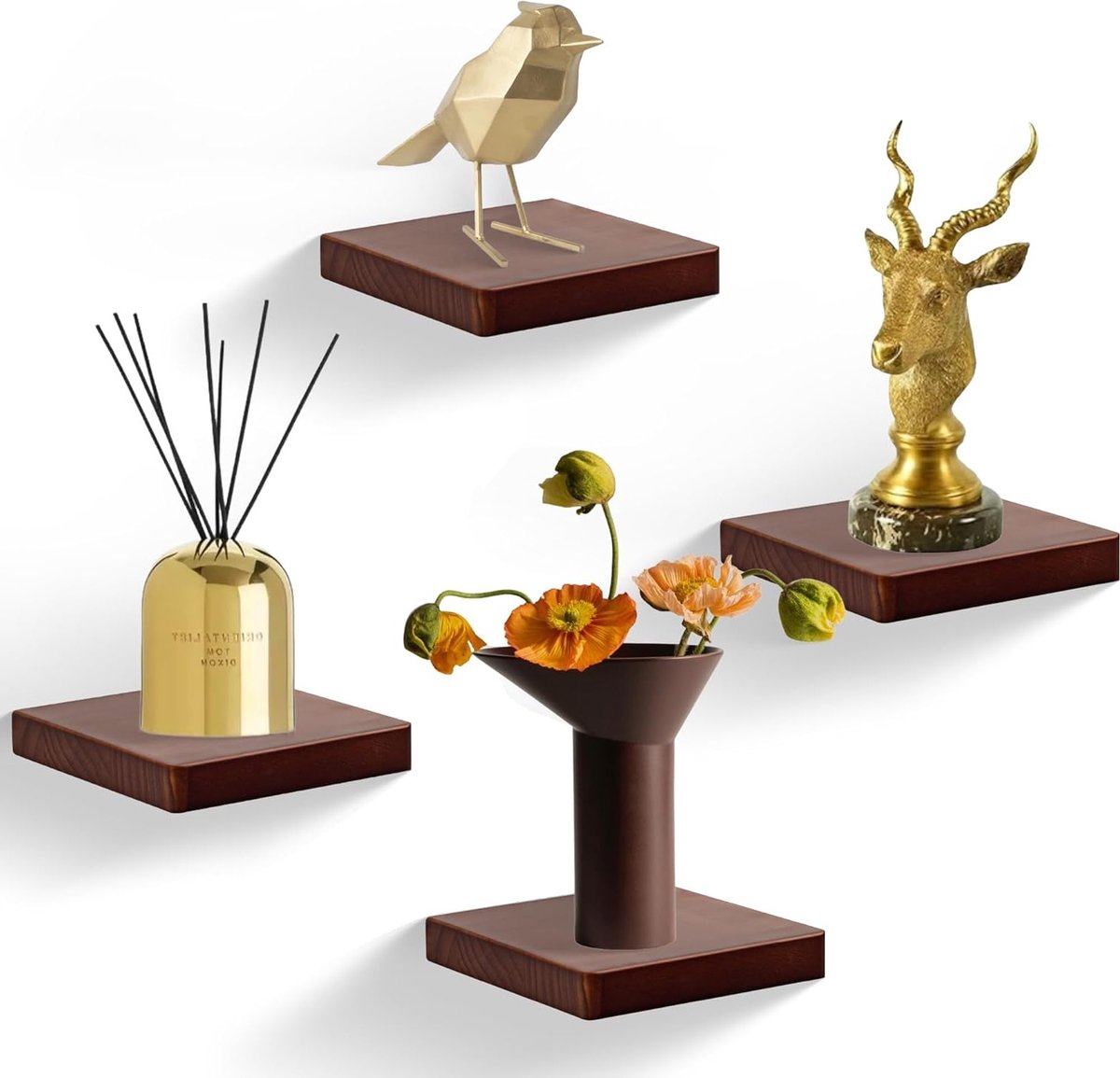 15.2 x 15.2 cm vierkante zwevende houten planken, compact wandrek voor kleine voorwerpen, decoratief 4-delig setje in walnootkleur