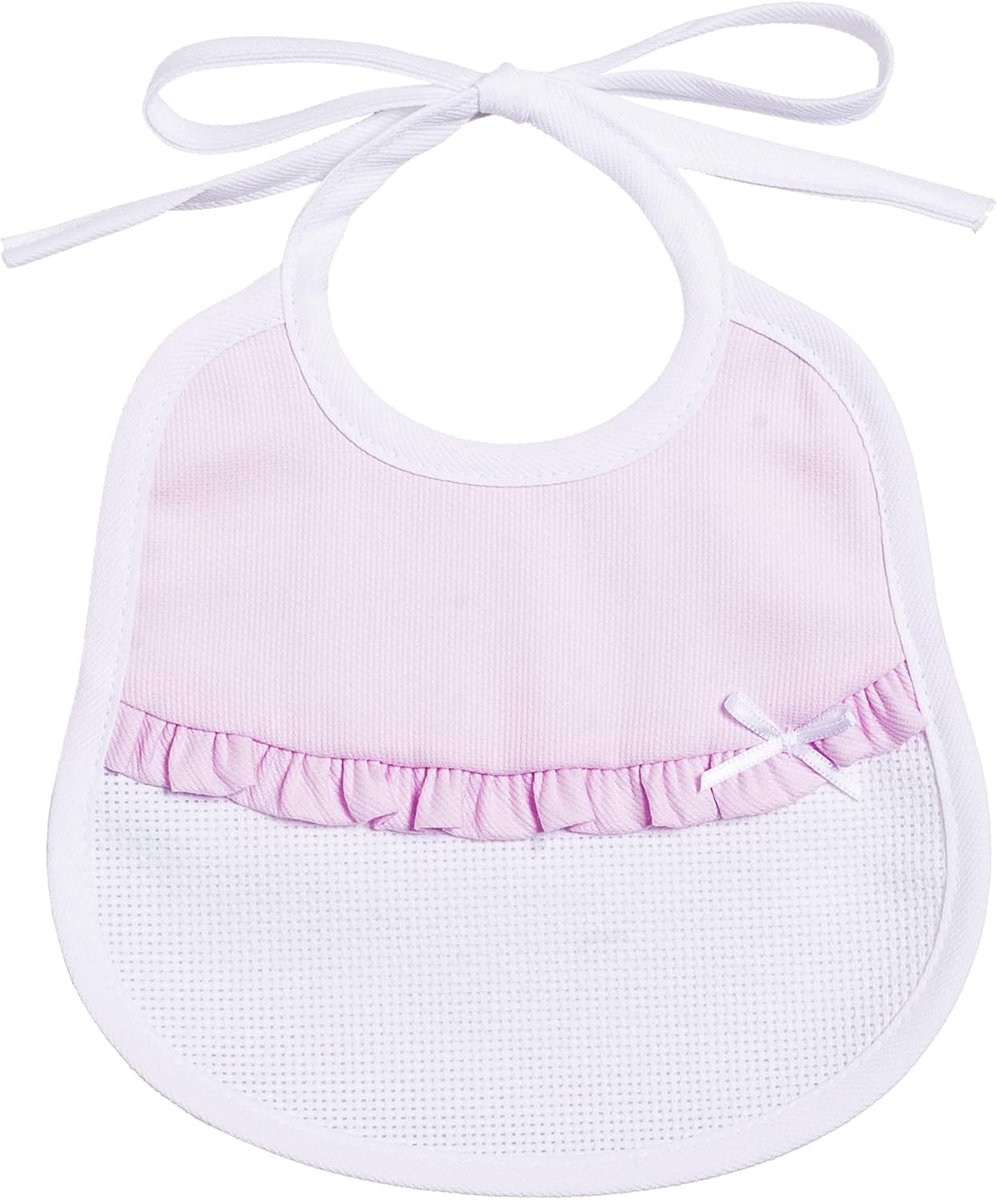 SnelShoppen - Baby Bib Katoen Pique met Ruffles, Aida Borduurinzet, Sluiting met Lussen, 18x18 cm, Roze, Perfect voor Baby's en Feesten