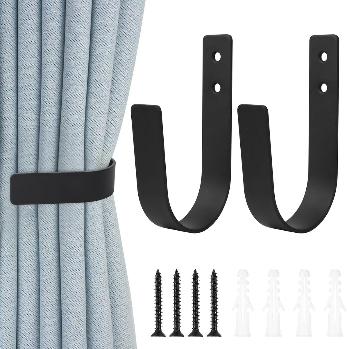 SnelShoppen - 2 Stuks U Vormige Metalen Gordijnhouders - Duurzaam, Stabiel, Roestvrij, Carbon Staal, Zwart - Perfect voor Slaapkamer, Woonkamer, Kanto