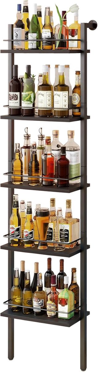 SnelShoppen - 5-laags Vrijstaande Wijnrek, Drankfles Display Plank met Omheining, Wandgemonteerde Floating Shelf Opslagstand voor Keuken en Eetkamer,