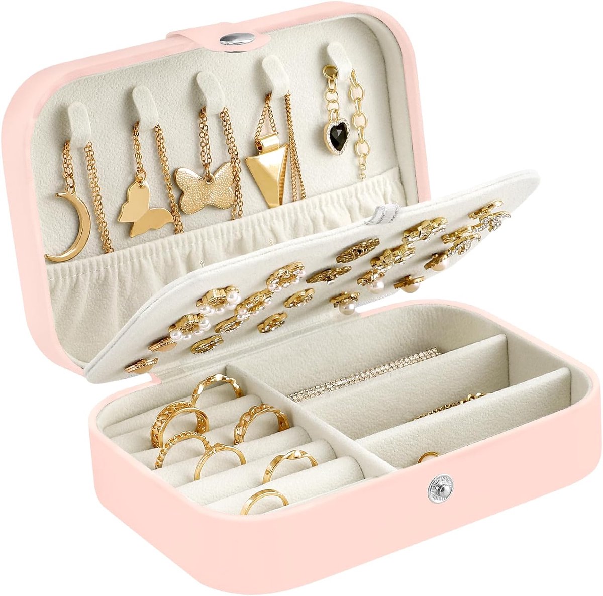 SnelShoppen - Kleine Reis Sieradendoos - Organizer voor Ringen, Oorbellen, Kettingen, Armbanden - Premium Nepleer - Lichtgewicht en Draagbaar - Roze -