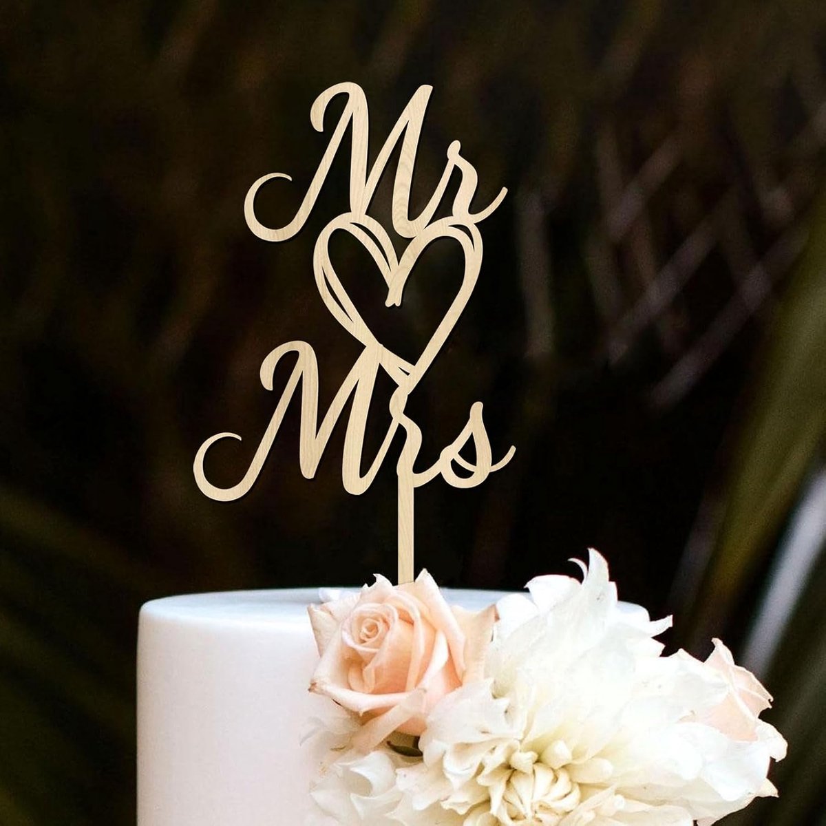 SnelShoppen - Houten Wedding Cake Topper Mr & Mrs met Hartvorm en Initialen, Duurzame Decoratie voor Bruiloft, Verloving, Jubileum en Feestjes