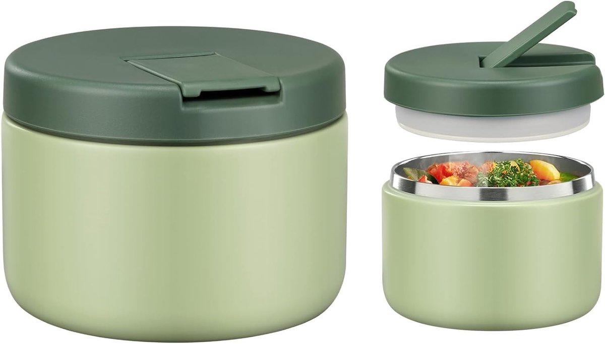SnelShoppen - Thermo-Food Container 350 ml - RVS, Lekvrije Lunchcontainer met Buckle Deksel - Geschikt voor Koude en Warme Gerechten - Groene Isolatie