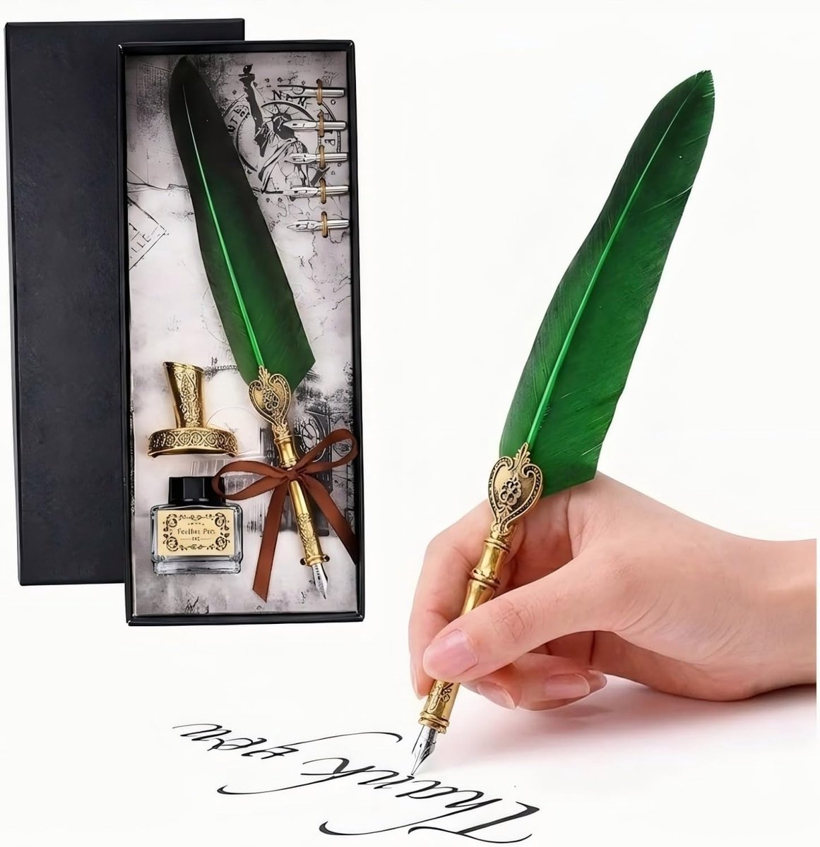 SnelShoppen - Feather Pen Ink Set - Antieke Dip Pen met Veer - Stalen Calligraphy Pen Set voor Beginners en Volwassenen - Elegante Schrijfpen met Inkt