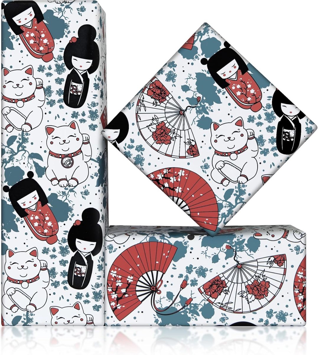 SnelShoppen - Japans Inpakpapier met Gelukskat Maneki Neko en Japanse Fanfare, 4 Vellen Plat Vouw 50x70cm voor Verjaardag, Bruiloft, Babyshower