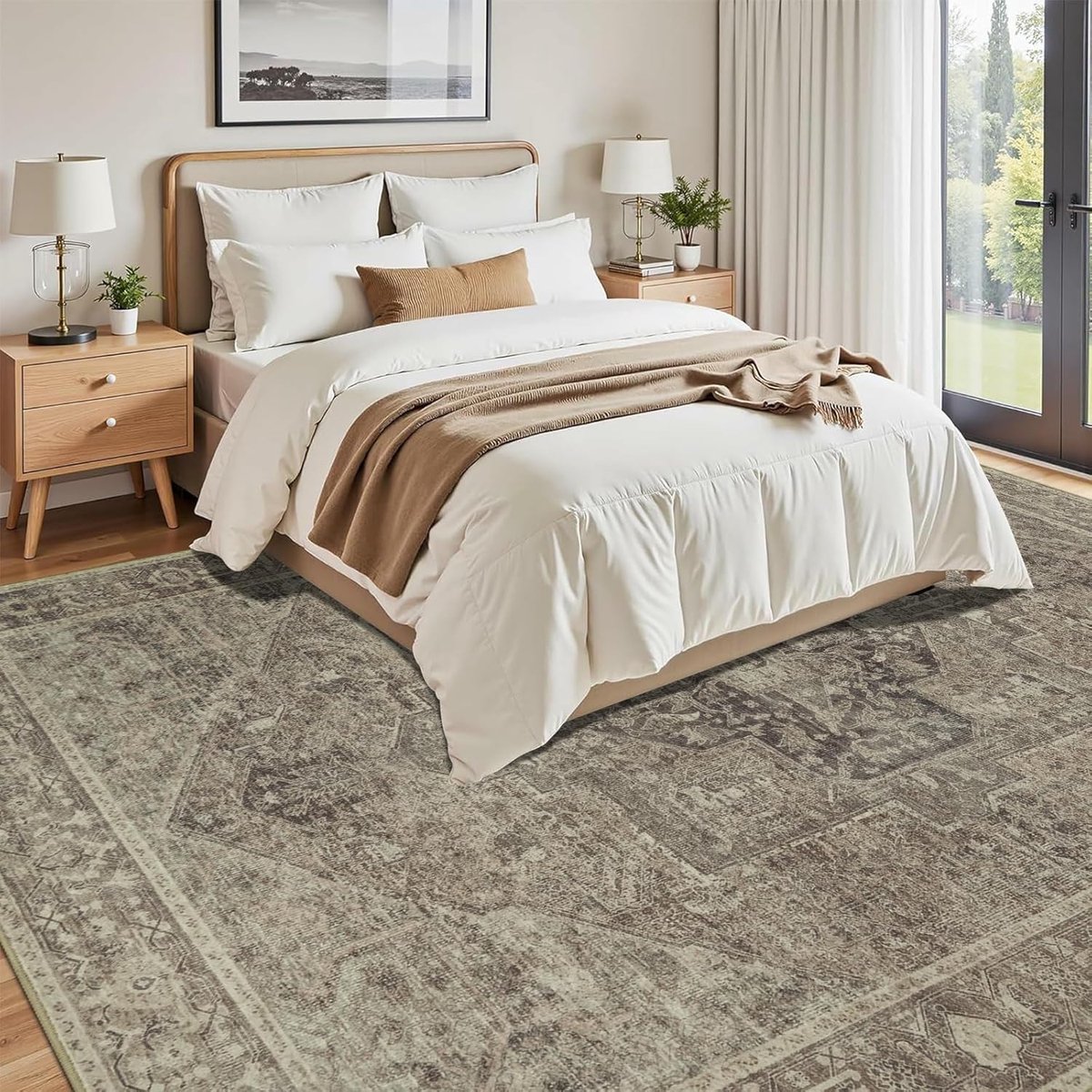SnelShoppen - Boho Vloerkleed 160 x 230 cm - Wasbaar, Antislip, Imitatie Wol - Bruin Vintage Tapijt voor Woonkamer, Slaapkamer, Eetkamer, Kantoor en K