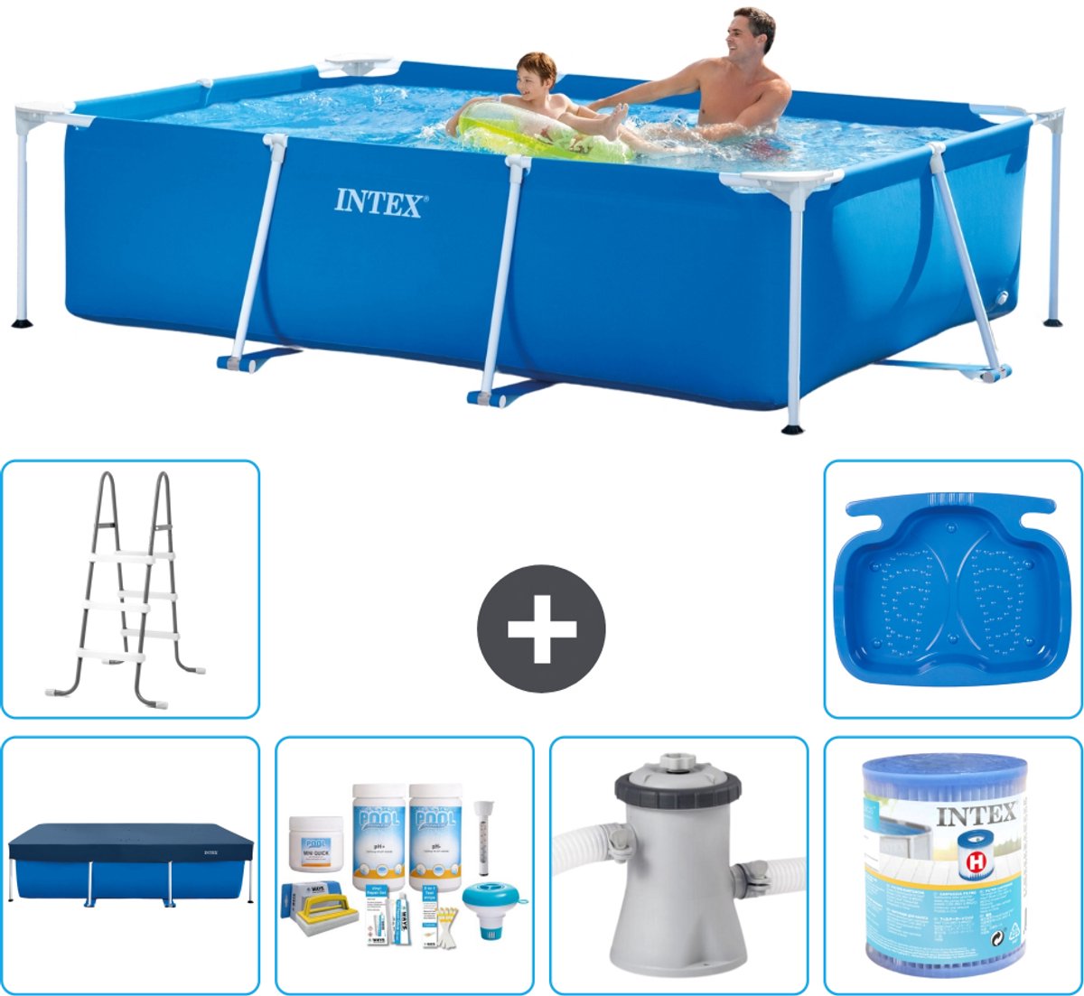 Intex Rechthoekig Frame Zwembad - 260 x 160 x 65 cm - Blauw - Inclusief Afdekzeil - Onderhoudspakket - Zwembadfilterpomp - Filter - Ladder - Voetenbad - 7-delig