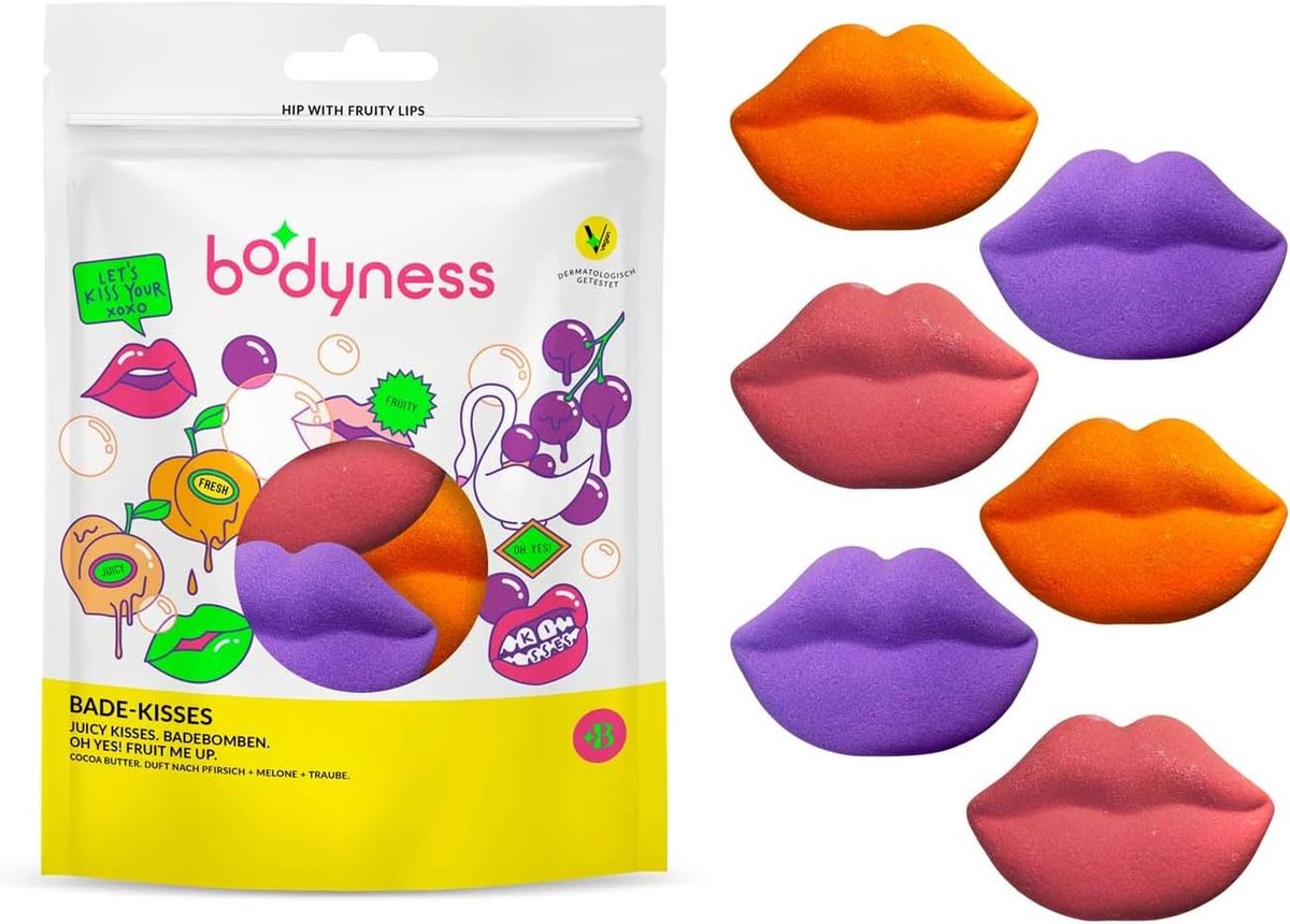 SnelShoppen - BODYNESS Badkussen met 6 Lipvormige Badbombs, Verzorgende Badbombs voor Huid met Cacaoboter en Aroma - 6 x 40 g - Ontspanning en Luxe Ba
