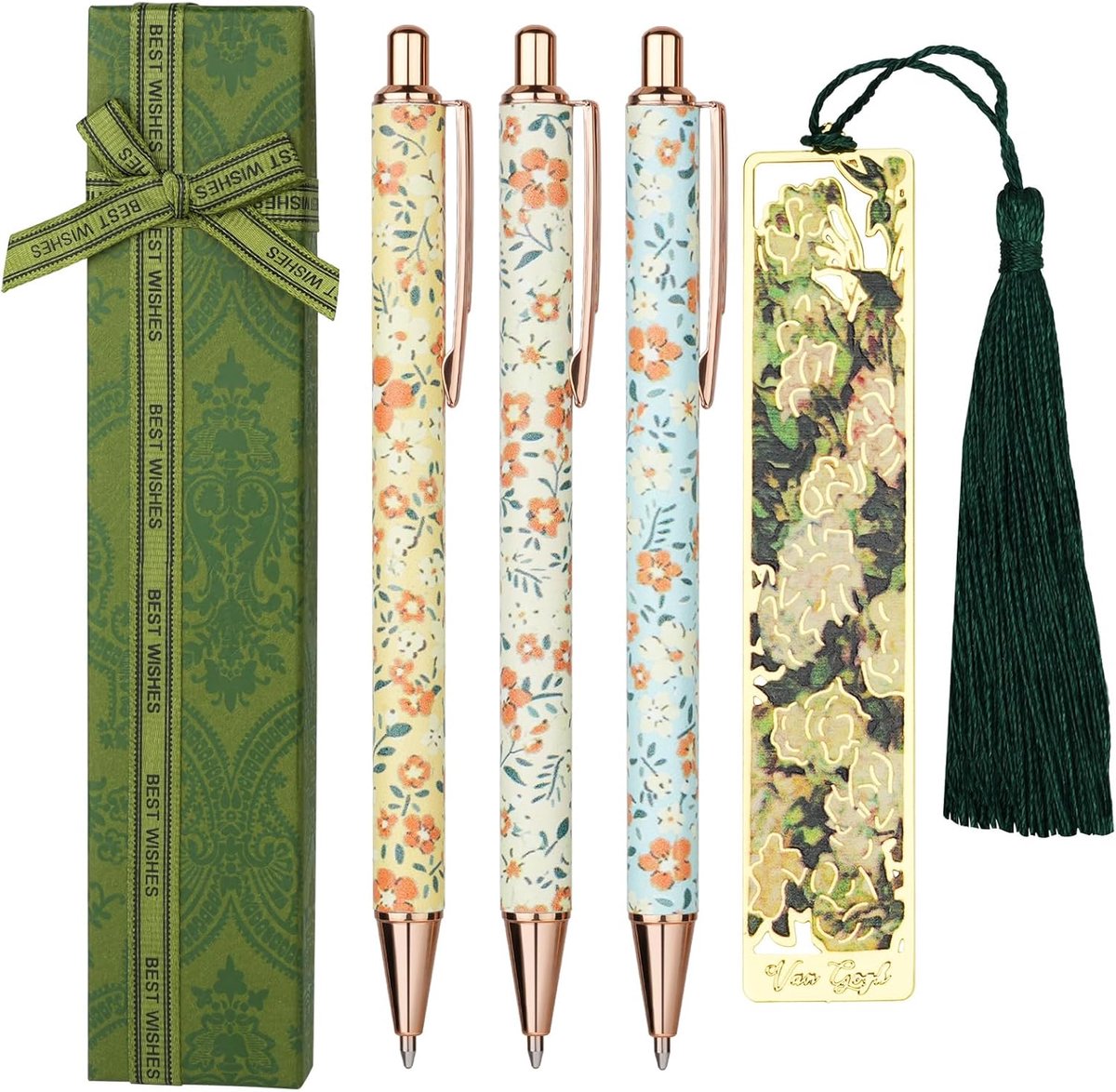 SnelShoppen - 3 Pack Bloemen Patroon Balpennen Set met 1 Bloemige Boekenlegger, Persoonlijke Inschrijving, Retractable, Zwart Inkt, Cadeau voor Studen