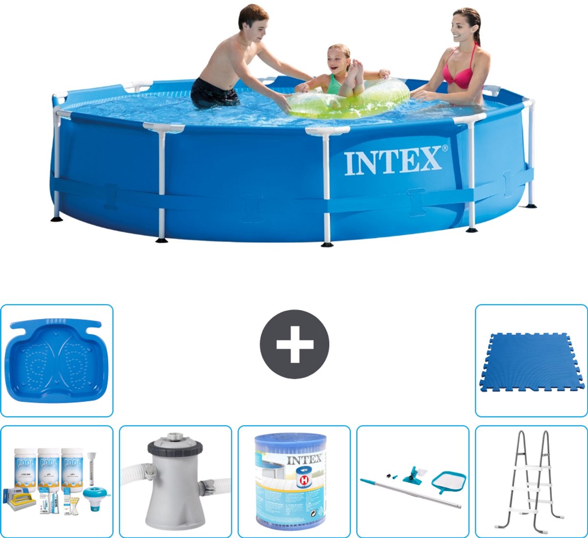Intex Rond Frame Zwembad – 305 x 76 cm – Blauw – Inclusief Onderhoudspakket – Zwembadfilterpomp – Filter – Schoonmaakset – Ladder – Voetenbad – Vloertegels – 8-delig