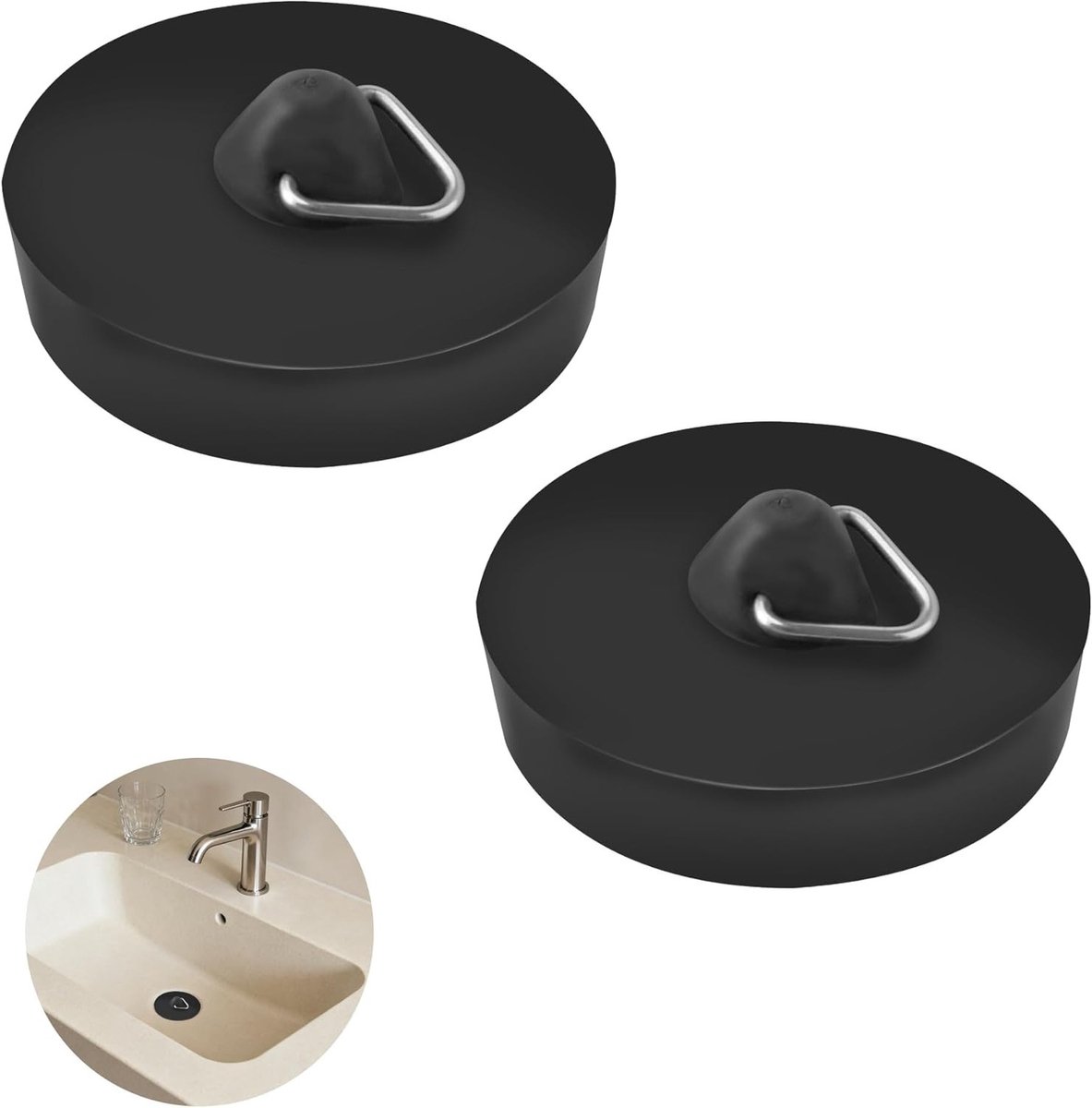 Set van 2 universele 4.5cm zwarte afvoerpluggen voor wasmachines, voorkomt waterverlies en geur, ideaal voor badkamer en keuken.