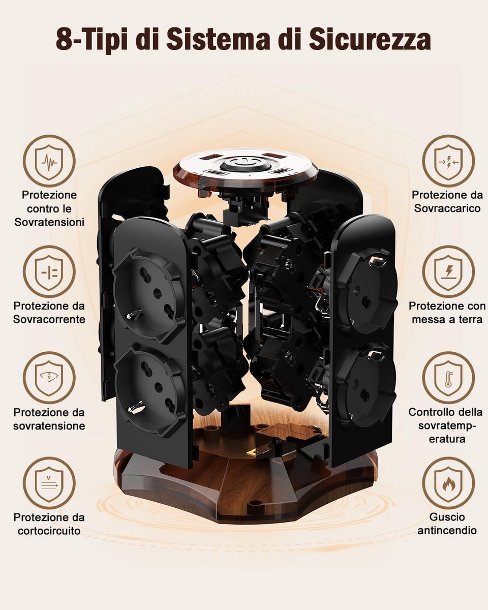 SnelShoppen - Verticale Stekkerdoos Bruin Houtkleur met 8 Schuko Stopcontacten, 2 USB C (20W PD3.0), 2 USB A, 2M met Schakelaar - 3680W/16A Perfect vo