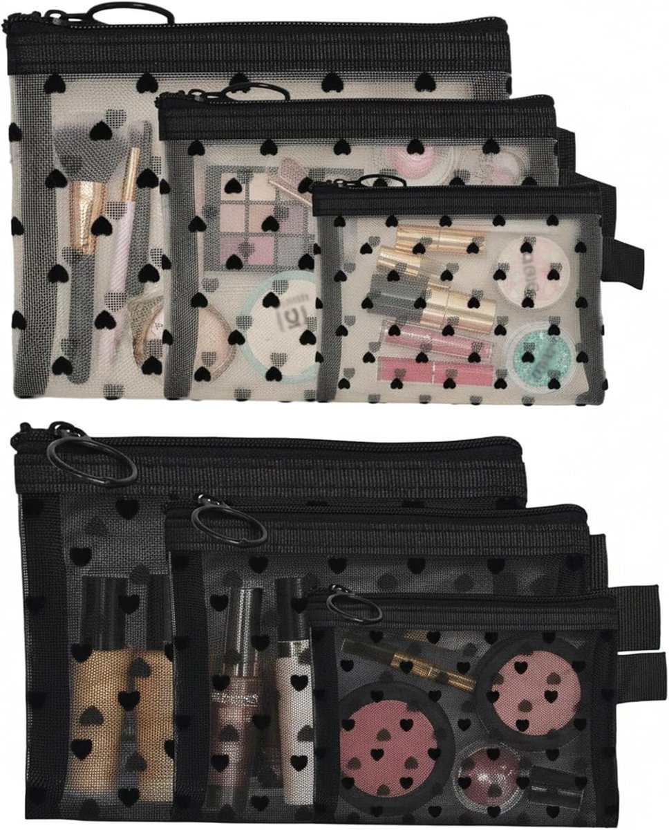 SnelShoppen - 6-delige Cosmeticatas Set Hartjesprint Mesh Makeup Tassen met Rits voor Lippenstift en Oordopjes - Hoge Kwaliteit PVC en Mesh