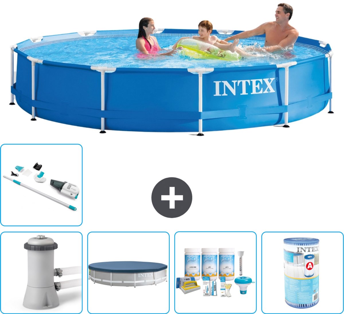 Intex Rond Frame Zwembad - 366 x 76 cm - Blauw - Inclusief Pomp - Afdekzeil - Onderhoudspakket - Filter - Stofzuiger - 6-delig