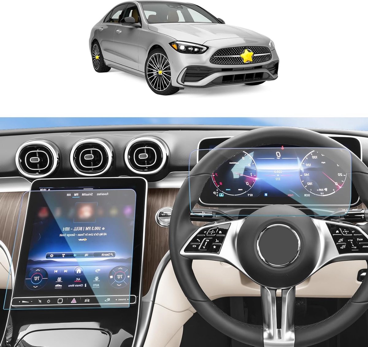Set van 2 Beschermfolies voor Instrumentenpaneel en Navigatiescherm van Mercedes-Benz C-Class W206 en GLC X254 - Gehard Glas, Krasbestendig, Eenvoudige Installatie