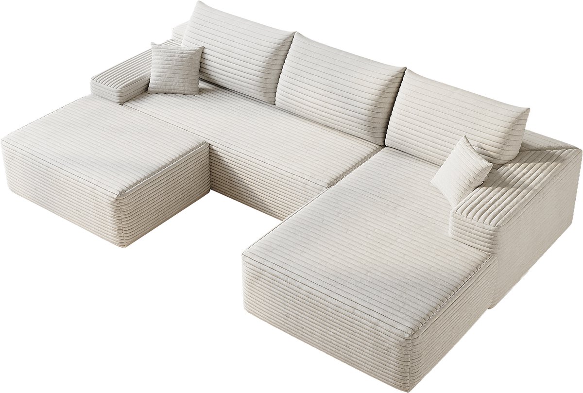 HAUSS SPOLE Hoekbank - Modulaire Bank Met Chaise Longue - Zonder Montage En Met Diepe Zit - Voor Woonkamer En Slaapkamer - Ribfluweel Wit