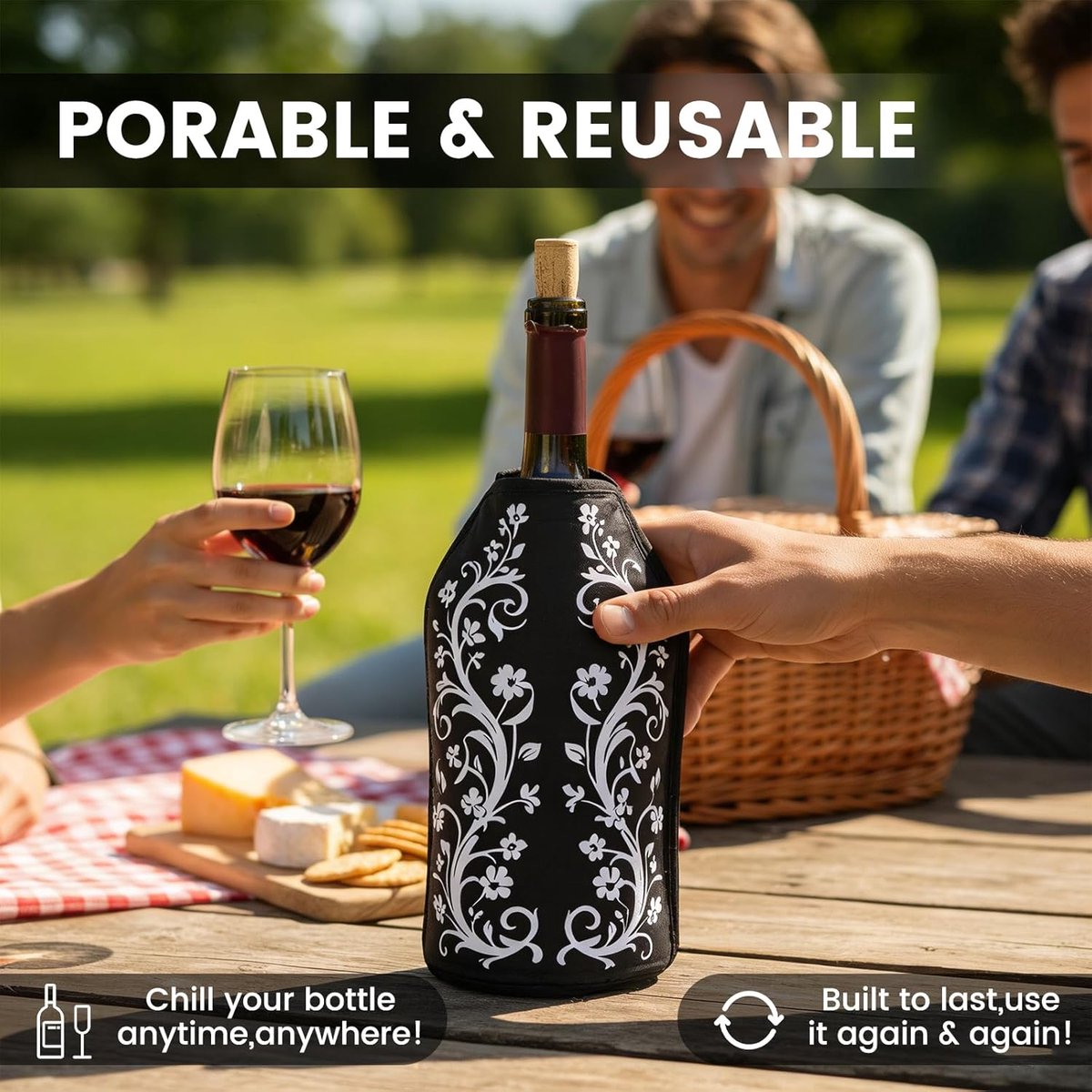 SnelShoppen - Wine Bottle Cooler, Koeler Flessensleeve, Gel Wijnfles Koeler Ice Pack Sleeve - Vrijstaand, Vodka, Tequila Koeler, Draagbaar (Zwart met