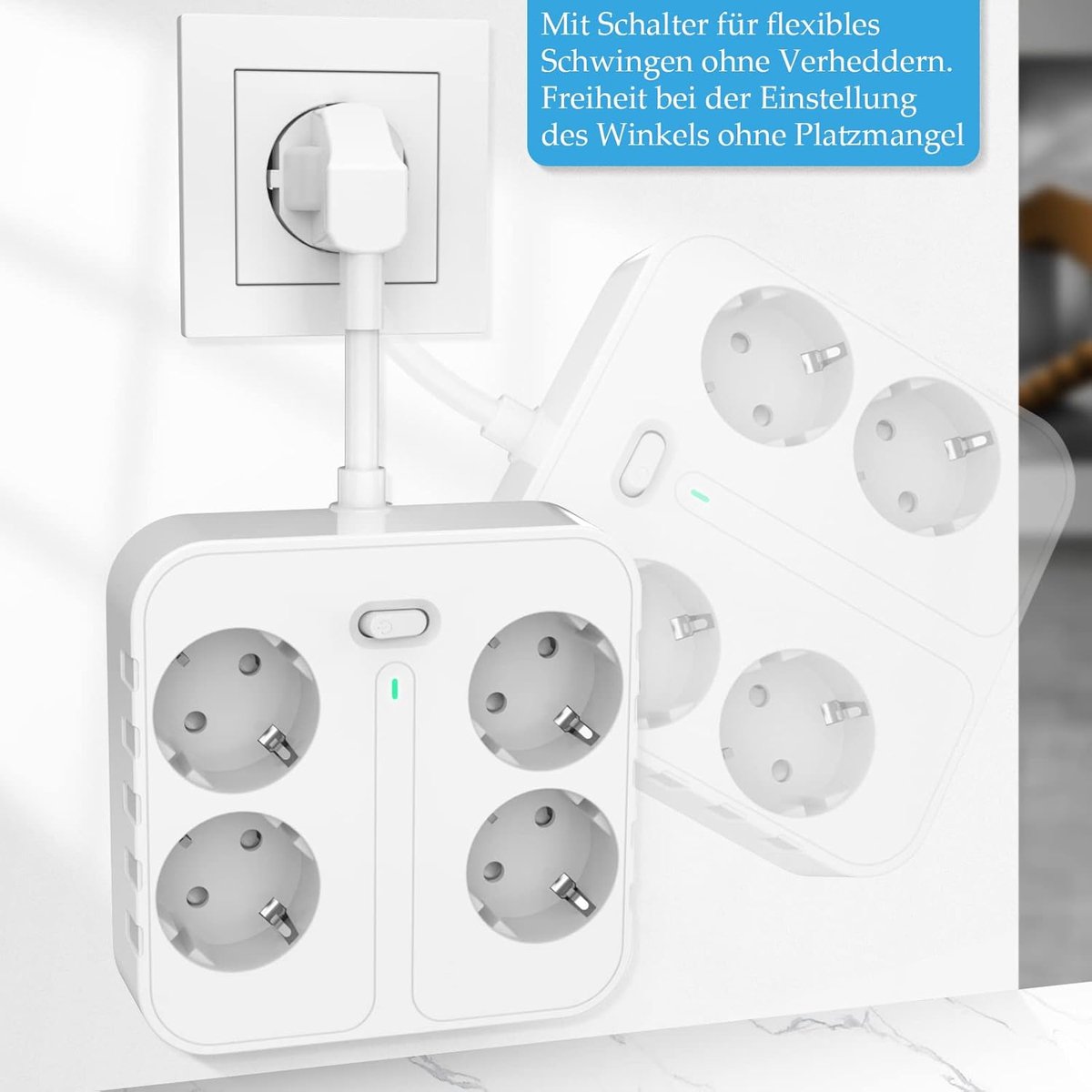 SnelShoppen - 4-Weg Stekkerdoos met USB-C en Schakelaar, Overload Bescherming, 16 A, 4000 W voor Thuis en Kantoor, Compact en Wit